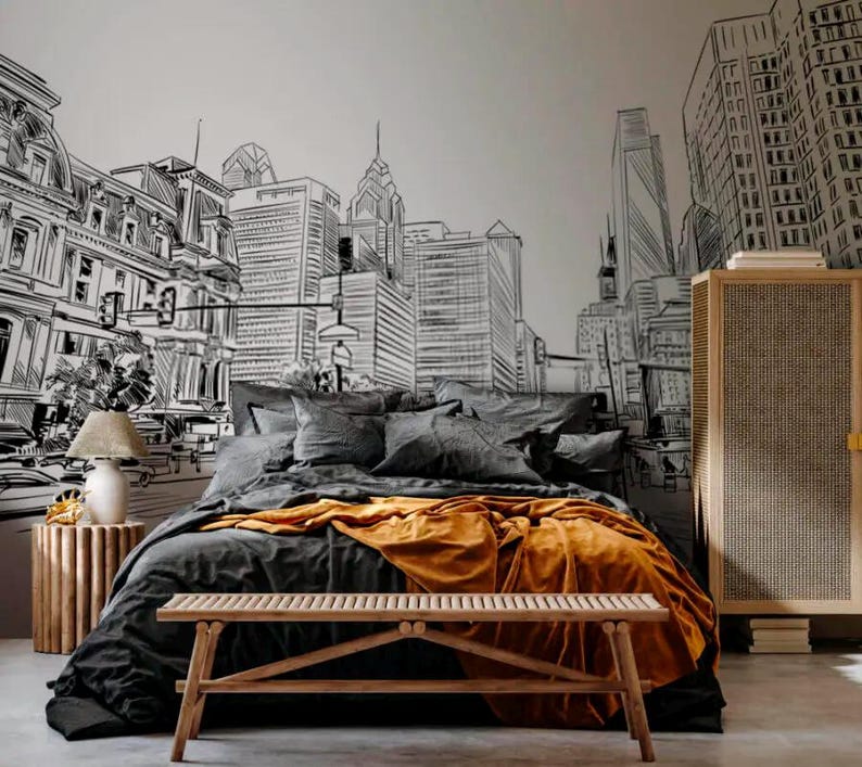 City Street Wall Mural Graphic City Perspective Wallpaper Graffiti Mural Office Mural Skyline Wall Mural Black White Customizable wall decal