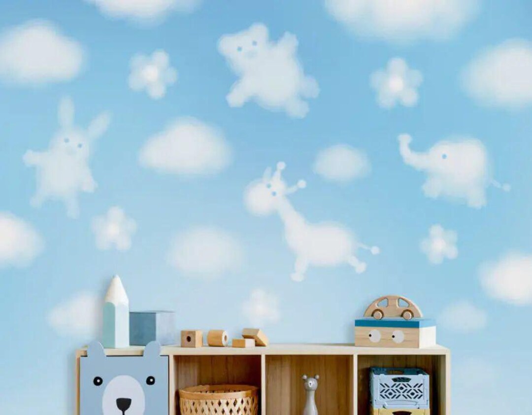 Cloud Animals Wallpaper – Blue Sky Nursery Wall Mural, Cute Baby Room ...