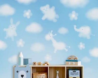 Cloud Animals Wallpaper – Blue Sky Nursery Wall Mural, Cute Baby Room Decor with Elephant, Bunny and Bear, Watercolor Kids Wall Art