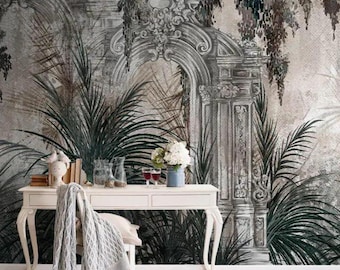 Mural de pared con ruinas vintage y palmeras selváticas. Mural botánico con arco antiguo. Decoración tropical de gran tamaño para sala de estar y dormitorio.