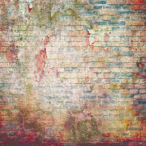 May include: A weathered brick wall with red, blue and yellow paint splatters. The wall has a distressed, vintage look.