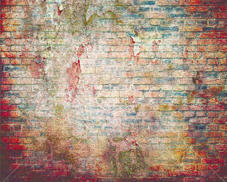 May include: A weathered brick wall with red, blue and yellow paint splatters. The wall has a distressed, vintage look.
