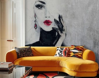 Woman Face Wallpaper Grunge Wall Mural Wall Design with Woman Face Beautiful Lady Face Bedroom Wallpaper Beauty Salon Wallpaper Customizable