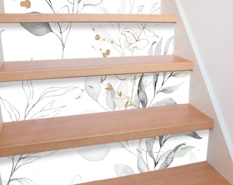 Gray Leaves Stair Stickers Leaves Pattern Watercolor Stair Panels peel and stick Stair Riser Panels Customizable Stair decal Easy Removable