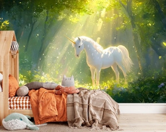 Unicorn in Fairy Forest Wall Mural for Kids Room – Magical Woodland Wallpaper – Removable Nursery Wall Decor – Enchanted Playroom Backdrop