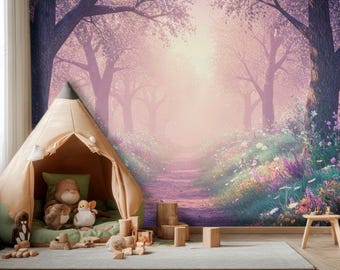 Whimsical Forest Wall Mural for Kids Room – Magical Woodland Wallpaper – Removable Nursery Wall Decor – Enchanted Playroom Backdrop