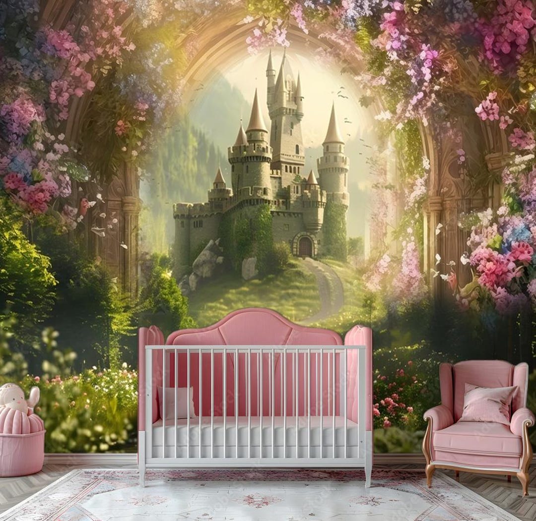 Magic Castle in Floral Arch Wallpaper CUSTOMIZABLE Girls Nursery Castle ...