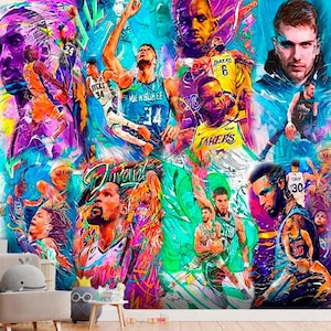 Grande carta da parati con tema basket per la camera di un adolescente. Murale con stelle del basket. Adesivo da parete personalizzato in stile sportivo. Stampa sportiva personalizzata.