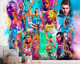 Basketball Wall Mural – Colorful Sport Players Collage – Peel & Stick Sports Wallpaper – Removable Wall Art for Game Room or Bedroom