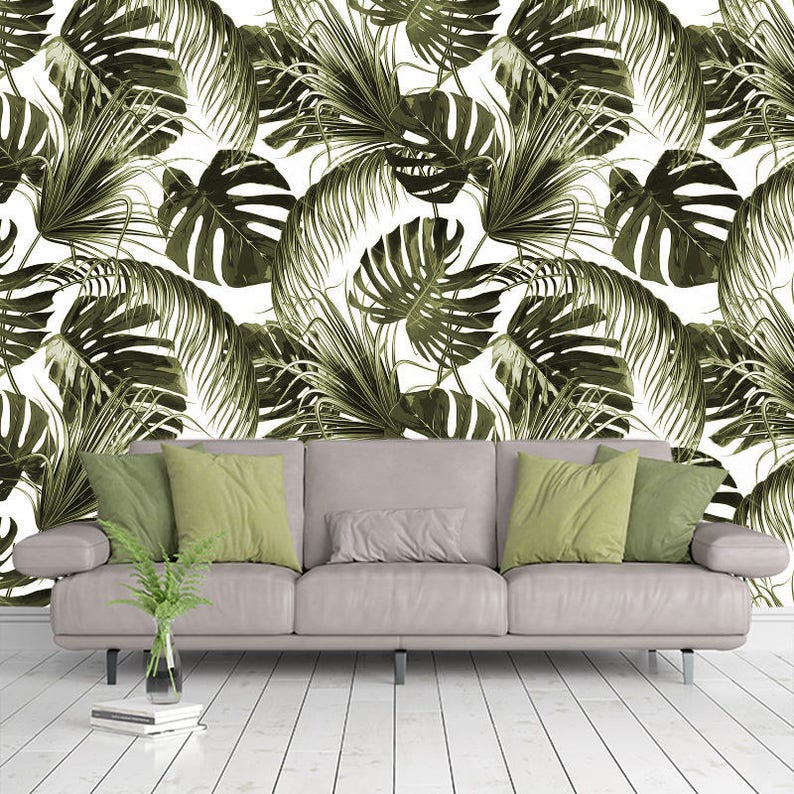 green tropical flowers leaves wallpaper 3d wall sticker decor | etsy