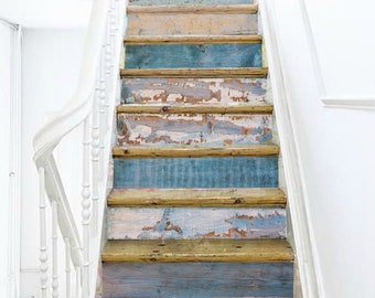 Beige Blue Gray Old Wooden Boards Peeling Paint Vintage Rainbow Stairway Decoration Adhesive Stair Riser Panels Sticker