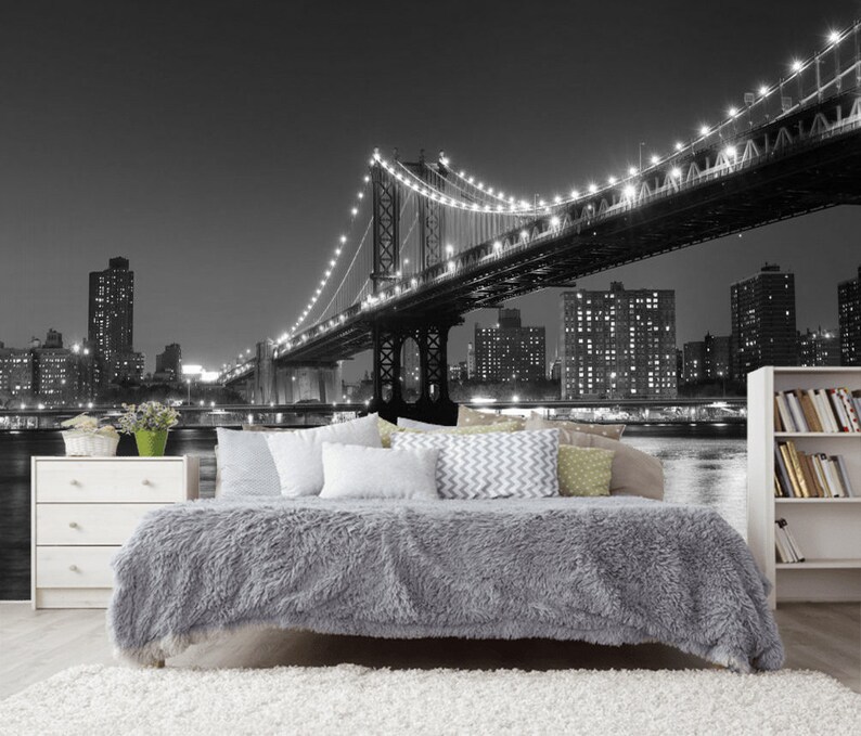 NY Brooklyn Bridge Black White Wallpaper Room Sticker Night - Etsy