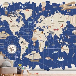 Kinderen jongen wereldkaart muur muurschildering wereldkaart dieren behang jongen sticker kinderkamer kaart muurschilderingen aanpasbare wereldkaart muurstickers verwijderbaar blauw