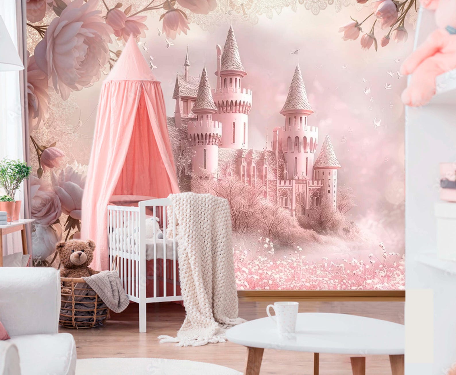 Princess Castle Wall Mural – Pink Fairytale Wallpaper for Girls Room ...