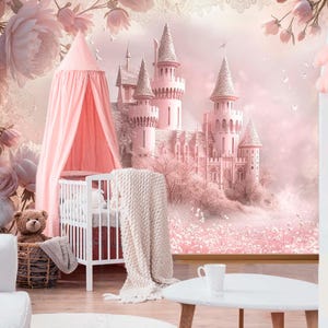 Princess Castle Wall Mural – Pink Fairytale Wallpaper for Girls Room ...