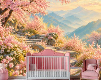 Whimsical Forest Wall Mural for Kids Room – Blooming Sakura tree Wallpaper – Removable Nursery Wall Decor –Enchanted Forest Bedroom Backdrop