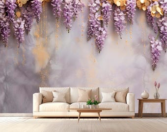 Purple Gold wisteria flower Wall Mural Lavender Flower Wallpaper Baby girl Wisteria Wall Mural Bedroom Golden Purple Wall Decal Customizable