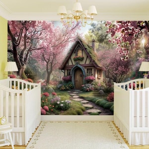 Fairy House in Forest Baby Girl Wall Mural Fairy Tale Forest Wallpaper Peel and Stick Vinyl Enchanted Mural Magical Fantasy Nature Scene