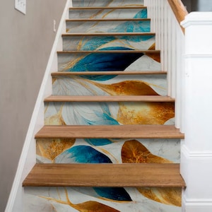 3D Flowers Stairway Navy Golden Stair Riser Panels Stair Stickers Mural Photo Mural Vinyl Decal Wallpaper Removable