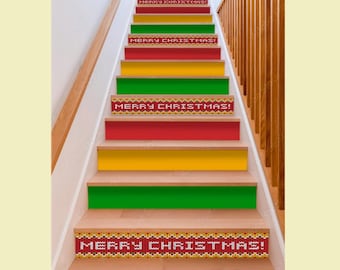 Merry Christmas Colorful Stair Riser Stickers Christmas Stair Panels Self Adhesive Winter holidays Stair  Sticker Customizable Stairs Decal