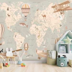 Kinderkarten-Tapete zum Abziehen und Aufkleben, pädagogisches politisches Weltkarten-Wandbild, Kinderzimmer-Wandbild, selbstklebende Fototapete im exklusiven Design