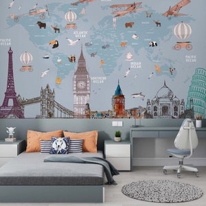 Babyblaue Karte, Weltkarte für Kinder, Tierkarte, Luftballon, Flugzeuge, Land, Ozeane, Architekturen, Tapete, exklusive Eiffelturm-Tapete, Big Ben