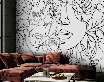 White & Black Abstract Female Faces Wall Mural Black White Large Bedroom Wallpaper Custom Size Line Art Decal Fabric Beauty Salon Wallpaper