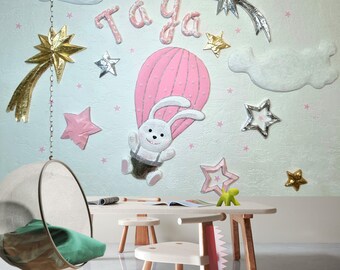 Bunny Nursery Wall Decor Set, Baby Room Wall Art, Balloon Bunny, Stars & Shooting Star, Nursery Decor for Girl