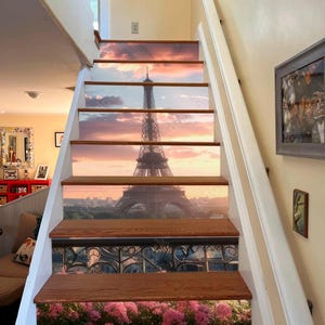 Paris Eifel Tower Stair Print Sticker Sunset in Paris Stair Risers peel and stick Eifel Staircase Sticker Removable Stair Decal Customizable
