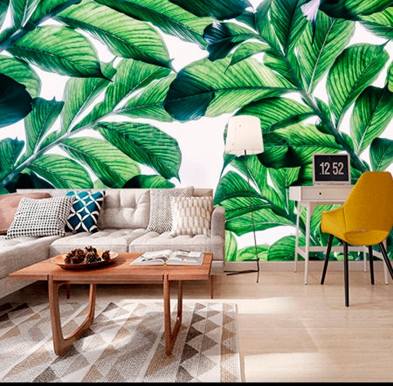 Green Tropical Flowers Leaves Wallpaper 3D Wall Sticker Decor Etsy