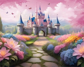 Fairy Castle Wall Mural CUSTOMIZABLE Girls Nursery Decal Magic Castle Wall Paper Princess Castle Pink Murals Flower Mural Removable Castle