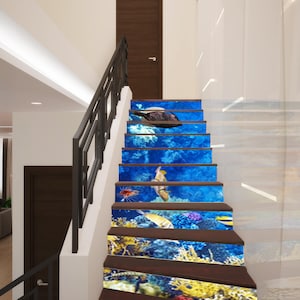 3D Fishes Stairway Decoration Adhesive Vinyl Stair Riser Panels Stairs Risers Stickers Mural Photo Mural Vinyl Decal Wallpaper Removable