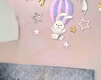 3D Bunny Nursery Wall Decor• Kids Room Balloon Wall Art• Baby Girl Room Decor • Pastel Stars Moon Nursery Decoration• Toddler Bedroom 3D Set