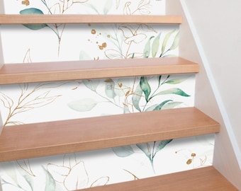 Pegatinas para escaleras con estampado de hojas verdes, hojas blancas y verdes en acuarela, autoadhesivas, botánicas, personalizables, removibles.