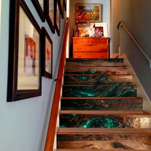Houten verwijderbare trap Riser stickers oude groene epoxy getextureerde trap Riser stickers Vintage houten trap Riser Stickers aanpasbare trap sticker