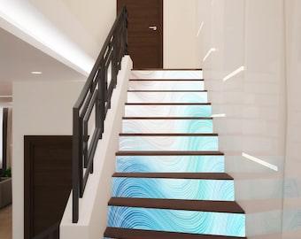 3D Waves Geometry Stair Decoration Adhesive Vinyl Stair Riser Panels Stairs Risers Sticker Mural Photo Mural Vinyl Decal Wallpaper Removable