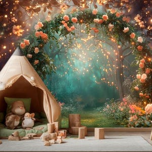 Sticker mural en bois magique Arche magique dans la forêt Sticker mural pour chambre de fille Papier peint pour chambre d'enfant Arbres magiques Papier peint amovible pour toile de fond de forêt