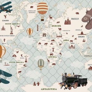 EXTRA LARGE - Blue World Map Plains Animals Air Balloons - Sfondi In vinile Esclusivo Design Foto Sfondo