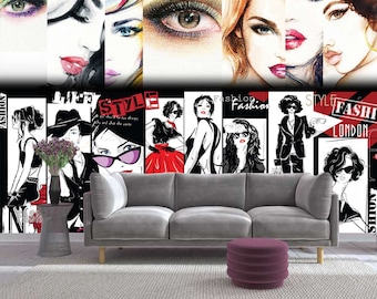 Fashion Face Poster Wallpaper Beauty Salon Wallpaper Face Collage Mural Self Adhesive Beauty Studio Wallpaper Exclusive Design