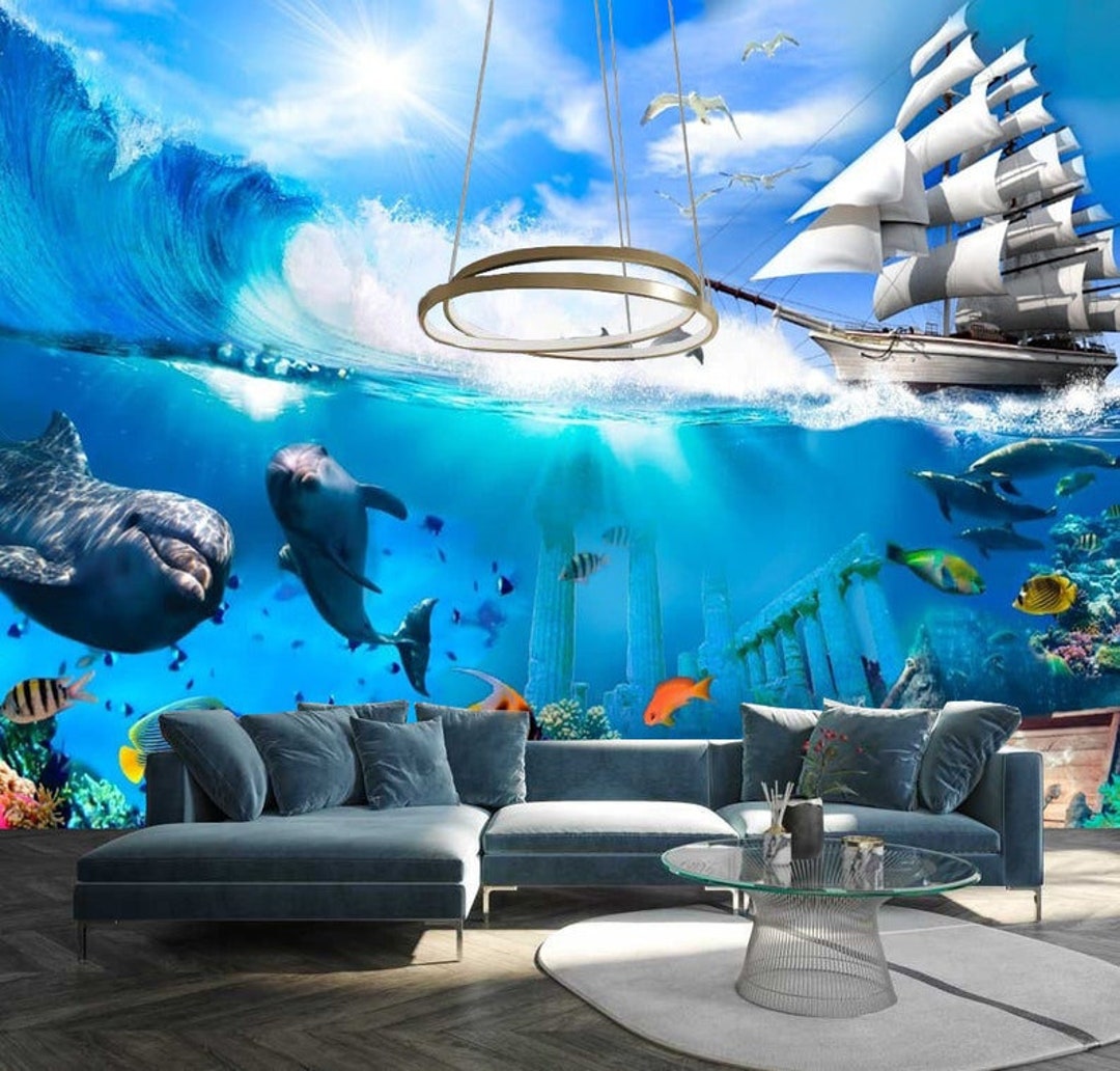 XLMING Modern Blue Sea Water With Fish Fish Spit Bubbles Wallpaper For Bedroom Living Room Wall Decoration Mural 3D Wallpaper Paste Living Room The