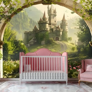 Carta da parati Castello magico attraverso l'arco antico PERSONALIZZABILE Carta da parati Castello delle ragazze Carta da parati Foresta verde Castello della principessa Murale PERSONALIZZATO