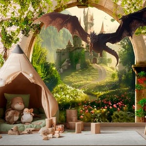 Fairytale Kids Castle Wallpaper & Cute Dragon Wall Mural, Princess Mural Fantastic Dragon Room Decor Peel and Stick Wall Paper Removable