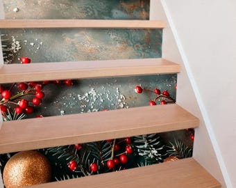 Christmas Stair Stickers on Grunge Background New year Tree Stair Decoration Stairway Christmas Stair Risers Cuctomizable Christmas Decal