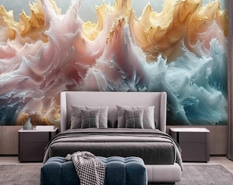 White Pink Gold and Blue Marble Wallpaper Colorful Abstract Waves Wall Sticker decor Bedroom Wall Mural Customizable Design Removable Murals