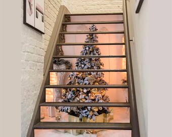 Christmas Tree Stair Stickers Gold Tree Stairway Decoration Adhesive Stair Riser Panels Stairs Risers Sticker Mural Photo Decal Wallpaper