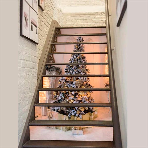Christmas Tree Stair Stickers Gold Tree Stairway Decoration Adhesive Stair Riser Panels Stairs Risers Sticker Mural Photo Decal Wallpaper