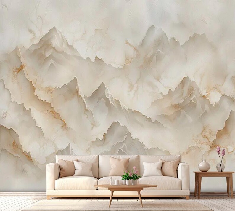 Beige Brown Neutral Wallpaper Bedroom Mountains Pattern Wall Mural