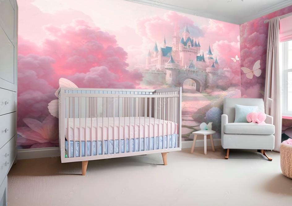 Fairy Tale Princess Castle in Pink Clouds Peel and Stick Wallpaper ...
