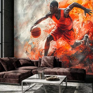 Carta da parati con tema basket per la cameretta di un adolescente Murale con giocatore di basket Adesivi murali personalizzati in stile sportivo Poster in vinile personalizzati