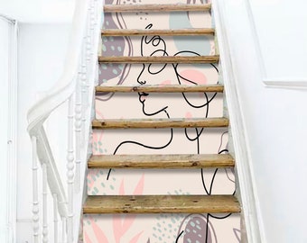 Pastel Light Colors Abstract Female Faces Rainbow Stair Stickers Custom Size Line Art Stair Decal Beauty Salon Wallpaper